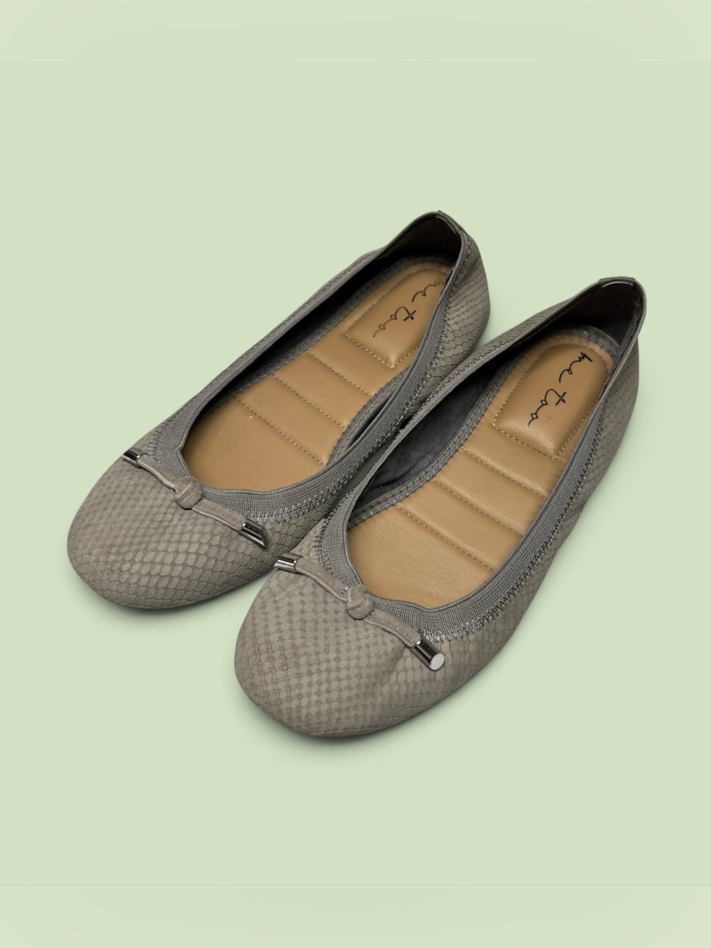 Gray Taupe Genuine Leather Snakeskin Print Ballet Flats Bow Detail